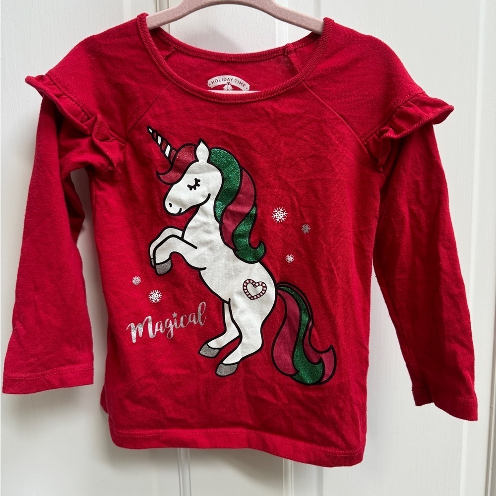 Holiday Time 2T Girls Red Magical Unicorn Christmas Holiday Long Sleeve Top